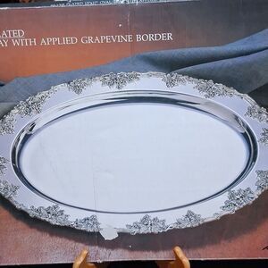 Vintage Godinger Silver Plated Serving Oval Tray with Grapevine Border